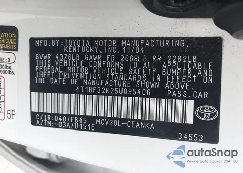 2005 Toyota Camry Le V6 из США, поврежденный, VIN 4T1BF32K25U095406